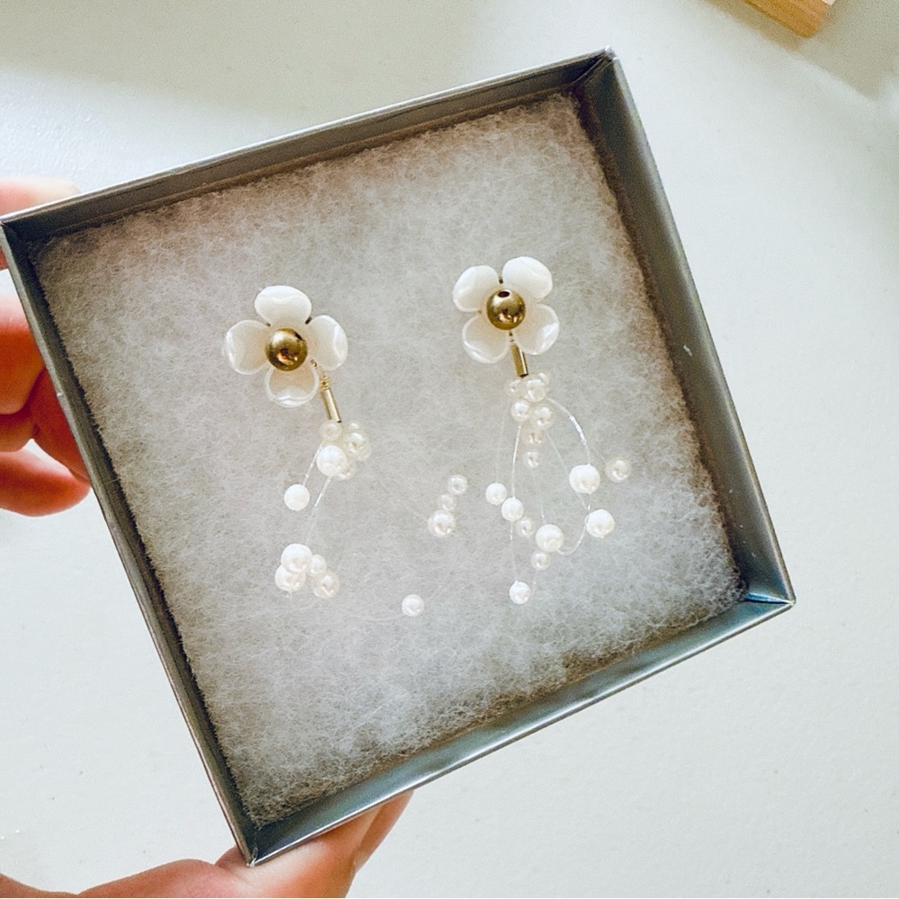 Elegant White Pearl Floral Earrings - Picture 3 of 4
